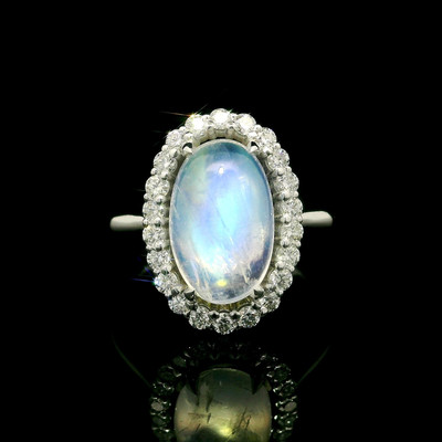 Neuer individueller 14k Weißgold 4,31ctw länglicher ovaler Mondstein & Diamant Heiligenschein Ring