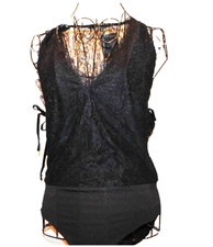 Black Lace Bodysuit Sz S Sheer Top Pullover Shirt NWT Side Ties Alcot