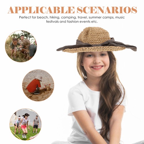 Children Cotton Weaved Hat Bowknot Decoration Sun Protection Hat Wide Brimmed - Picture 7 of 12