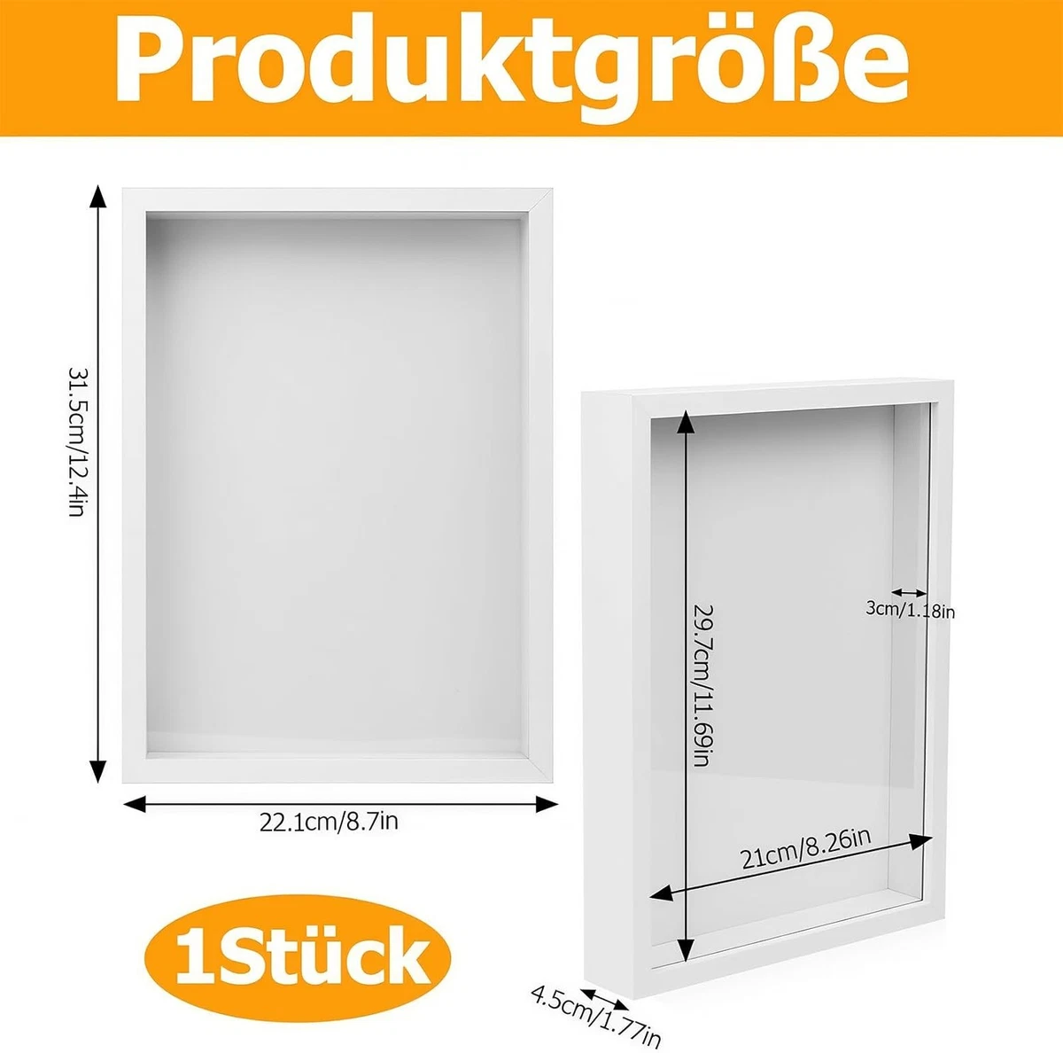 3D Bilderrahmen Weiß Holz Tief 21-29,7 cm für Objekte bis 3 cm DIY Geschenk
