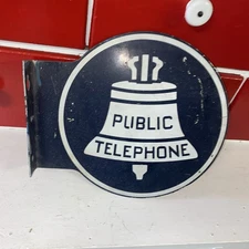 Vintage Bell Systems Public Telephone Double Sided Flange Sign Painted Metal #O