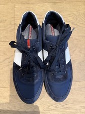 PRADA TRAINERS SHOES 4E2718 BLUE WHITE LEATHER NYLON RED STRIPE UK11