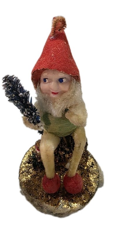Putz Elf Christmas Ornament Green Bottle Brush Tree Pinecone Chenille Mica Japan