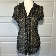 Esprit Sheer Black Floral Button Up Short Sle...