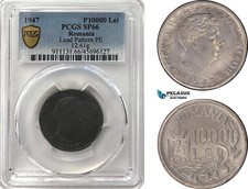 A12-646, Romania, Mihai I, Pattern 10000 Lei 1947, Bucharest Mint, Tin PCGS SP66