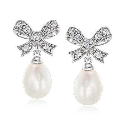 Ross-Simons 8-9mm Cult Prl & WTpz Bow Drop Earrings in Silver