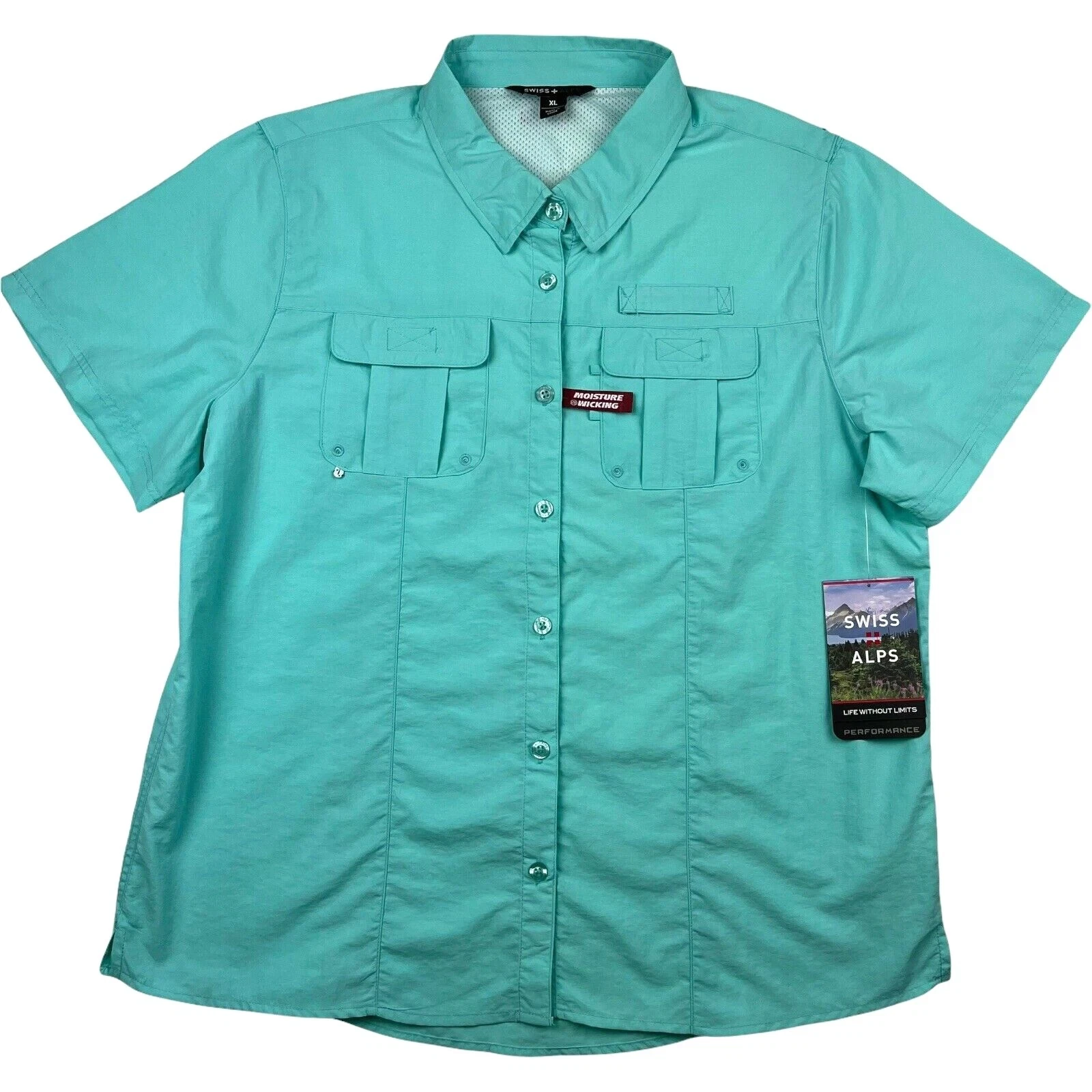 Swiss Alps Womens Outdoor Nylon Shirt Size XL Turquoise UPF 30 Short Sleeves