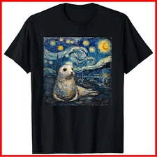 Seal Sea Lion Van Gogh Style Starry Night Black Cotton T-Shirt S-5XL