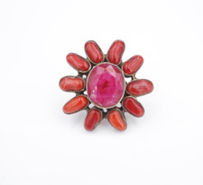 Southwestern Red Coral Ruby Sunburst Ring Sterling Silver Size 8 Natural RS3713