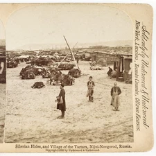 Siberian Tatars & Animal Pelts Stereoview c1898 Nizhny Novgorod Russia B2211