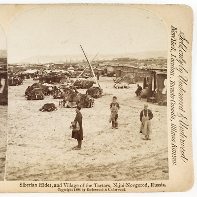 Siberian Tatars & Animal Pelts Stereoview c1898 Nizhny Novgorod Russia B2211