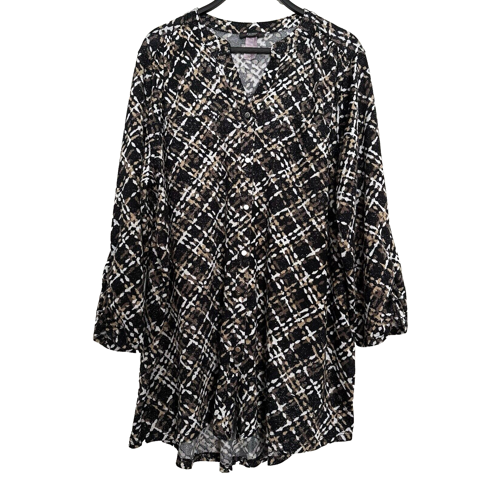 Cocomo Plus Size 2X Blouse Tunic Top 3/4 Ruched Sleeve Stretch Knit Black Brown