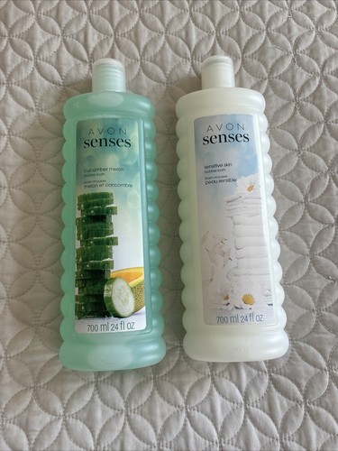 2 Bottles Avon Senses Cucumber Melon & Sensitive Skin Bubble Bath- 24 oz. each