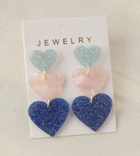Heart Dangle Earrings Three Tier Blue Pink Valentine's Shiny Sparkle Cute Love