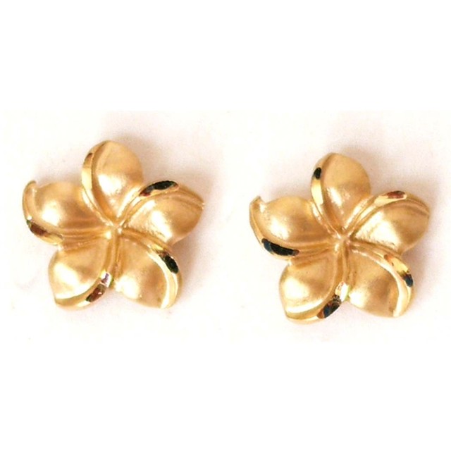 14K Solid Yellow Gold Hawaiian Plumeria Flower Earring 3/8" (9 mm