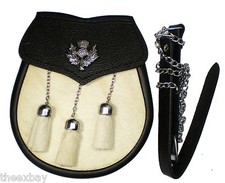 White Bovine Cow Hide 3 Tassel Leather Sporran  Belt With Thistle Emblem