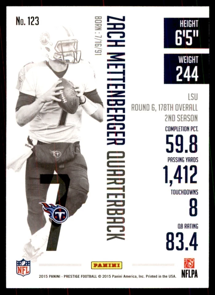 2015 Panini Prestige Zach Mettenberger Tennessee Titans #123 - Image 2 of 2