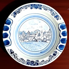 Delft Blue Hand Painted Decorative 8" Plate Holland  Town & River Scene, Vintage