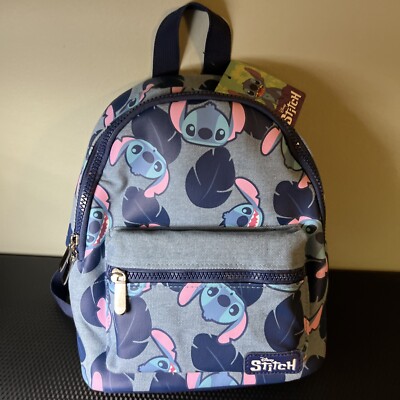 Disney Stitch Blue Palm Leaves Bioworld Mini Denim Backpack NWT