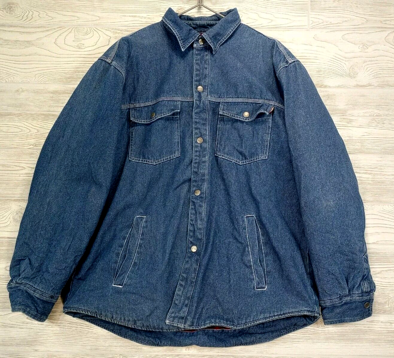 Craftsman Denim Jacket Large Snap Button Flannel Lined Trucker Shacket Durable Workwear-image