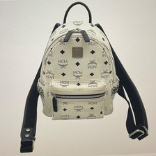 Auth MCM Visetos Leather White Black Backpack DD020361.