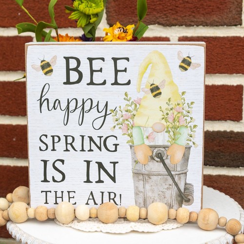 FARMHOUSE Sign Honey Bee & Gnome 8 x 8" Square Wall Hanging Spring Decoration - Picture 2 of 7