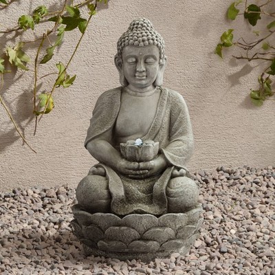 Zen Buddha Outdoor Water Fountain with Light LED 22'' Sitting Table Garden Patio