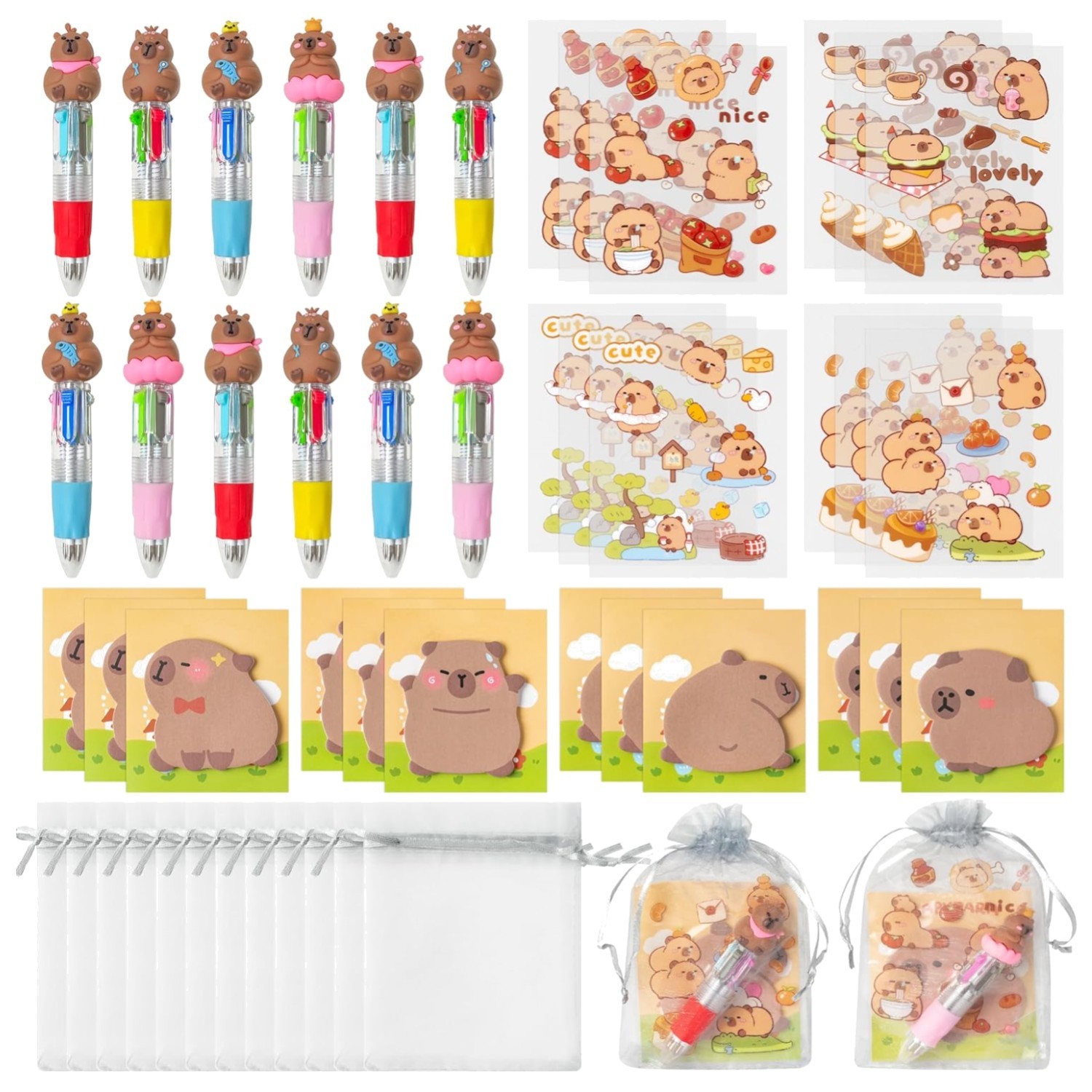 Fun 24-Piece Capy Stationery Set with Organza Bags - Perfect for Kids' Birthdays