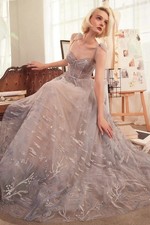 Embroidered Tulle Ball Gown with Corset Bodice Bow Straps A1458