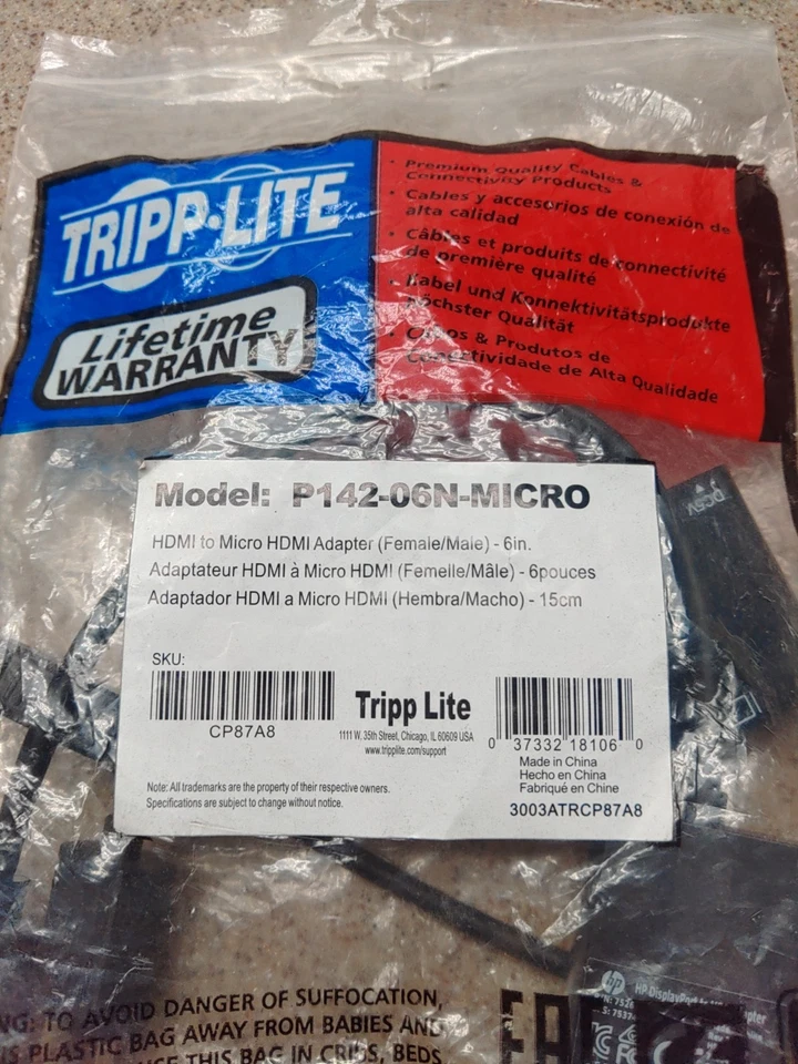 Tripp Lite P142-06N-Micro Micro HDMI to HDMI Adapter (Type D M/F), 6-in NIB - Image 2 of 4
