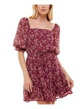 TRIXXI Womens Purple Tie Pouf Sleeve Mini Evening Fit + Flare Dress M