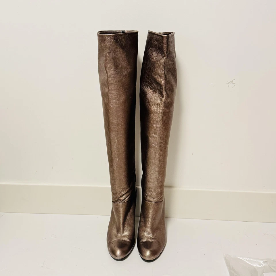 Stuart Weitzman Boots Womens 8 Brown Gold Metallic Leather Knee High Heel - Image 3 of 4
