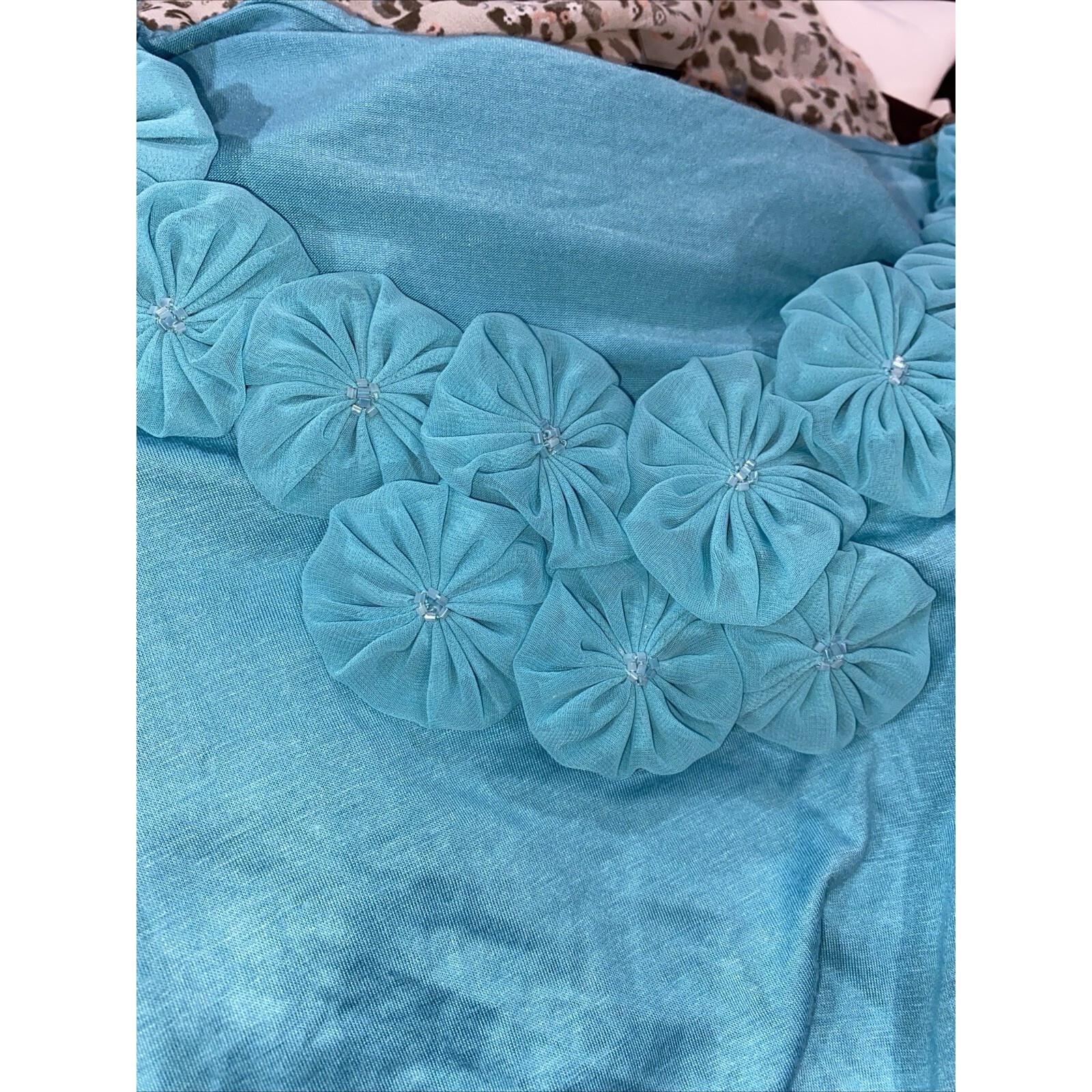 Notations Womens Top Blue Flower Accent V Neck Short Sleeve Casual NWT