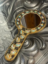Gold Beaded Hand Mirror with Iridescent Crystal Accents