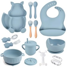 Silicone Baby Feeding Set 15 PCS Suction Bowl Plate Bib Cup Blue Utensils