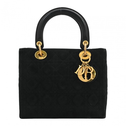 Auth DIOR Lady Dior Cannage Suede Hand Bag Black Gold Hardware di9875dd