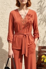 Michael Kors Orange Spice Chain Lace-Up Roll-Tab Sleeve Tunic #708