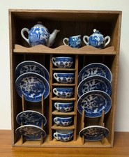 Vintage Antique Toy Children  s Blue Willow Tea Set China Plates Cups Pot Shelf