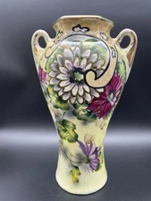 Nishiki Royal Nippon? Hand Painted Vase 12" Vintage Flowers, Gold Leaf Accent