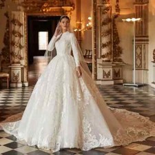 Muslim High Neck Wedding Dresses Long Sleeves Lace Applique Bridal Gowns Train