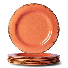 Set of 6 Orange 9-inch Melamine Salad Dessert Plates with Crackled Design