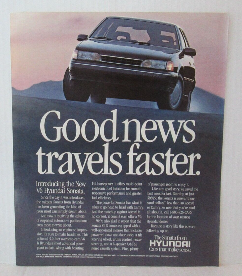 1989 HYUNDAI SONATA CAR AUTOMOBILE Vintage 9.5&quot;X12&quot; Magazine Ad 