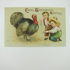 Thanksgiving Postcard Farm Boys Feed Wild Turkey Embossed Germany Antique