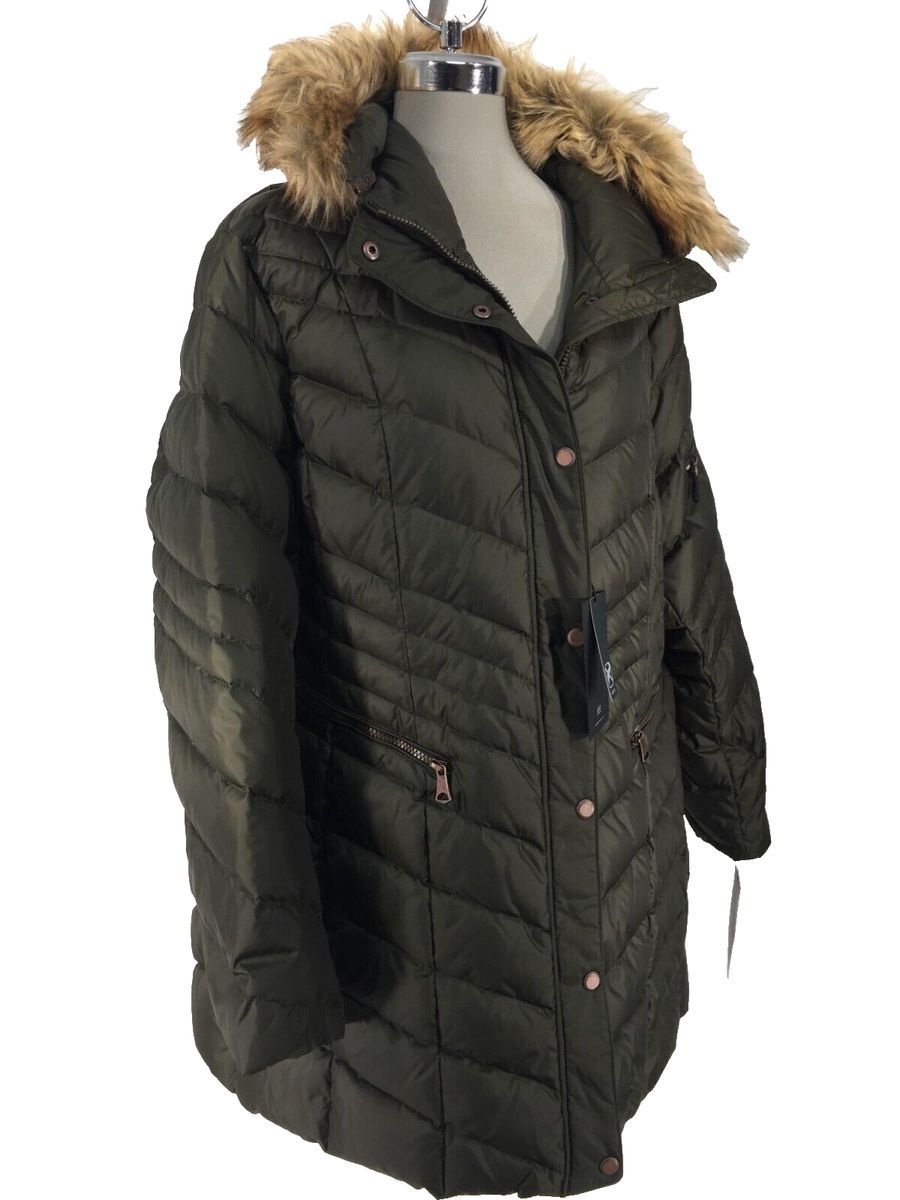 New! Andrew Marc Olive Renee Down Jacket Faux Fur Trim Women's