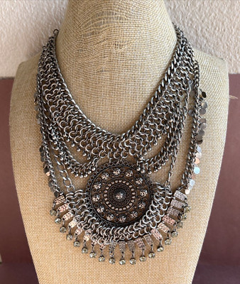 Express Silver Tone Chunky Ornate Chain Bedouin Medallion Pendant Necklace NIB