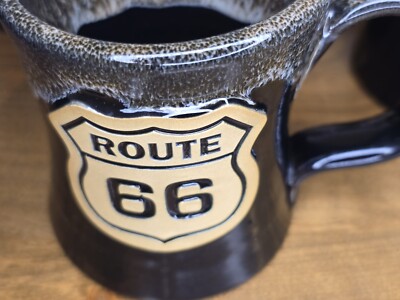 6 Deneen Route 66 Mugs Hand Thrown Made In USA Black Drip Glaze Raised Logo
