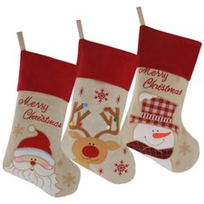 Set of 3 Christmas Stockings Holiday Burlap Rustic Santa, Snowman  Reindeer NWT