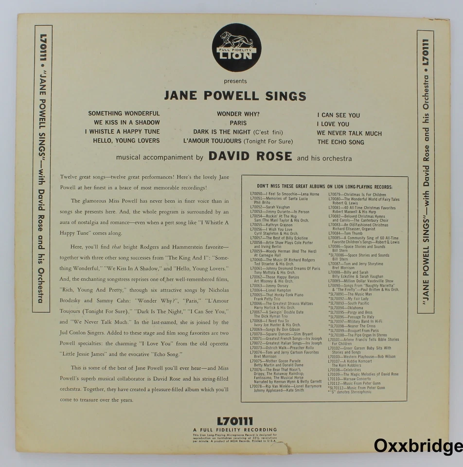 JANE POWELL Sings David Rose LION Jazz Pop Lounge Music Smooth Female Velvet - Image 2 of 3