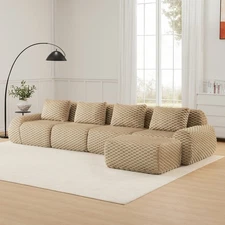 146" L-Shaped Modular Sectional Sofa w/ Ottoman, Flannelette, Light Camel