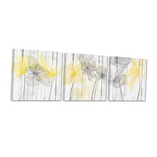 3 Pieces Bathroom Picture Wall Decor Yellow Gray Bath Flower on Rustic Wood